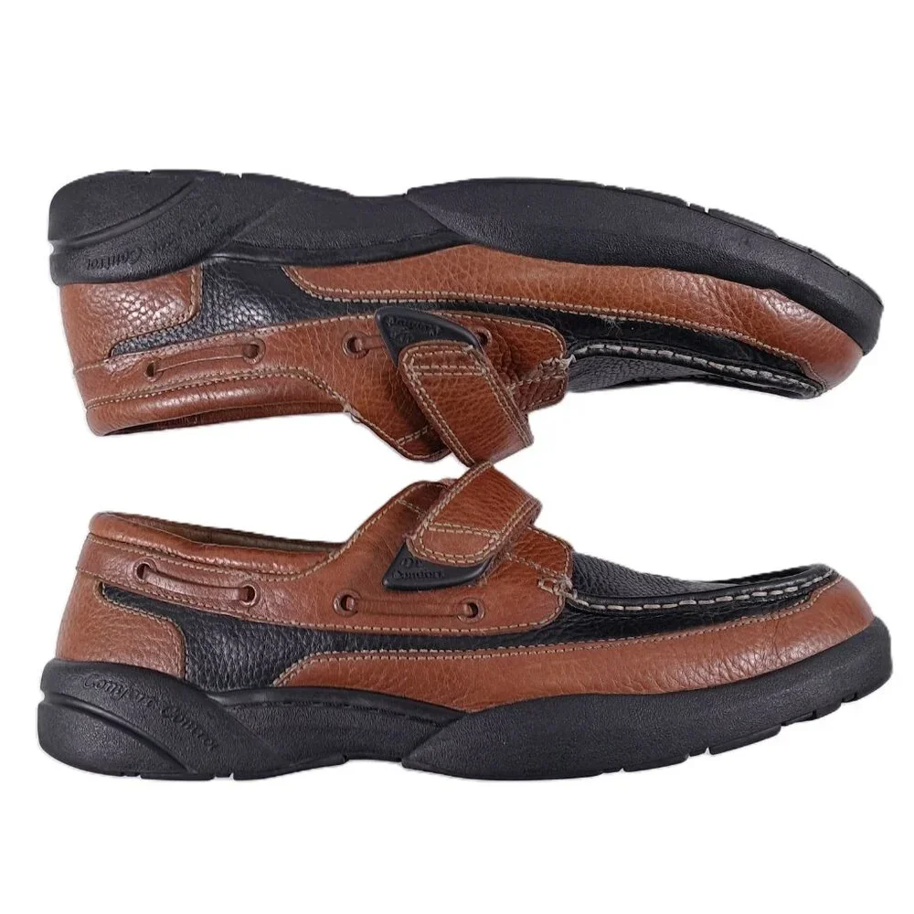 Dr Comfort Mike Boat Shoes Men 14 M Leather Brown Black Hook and Loop 8660